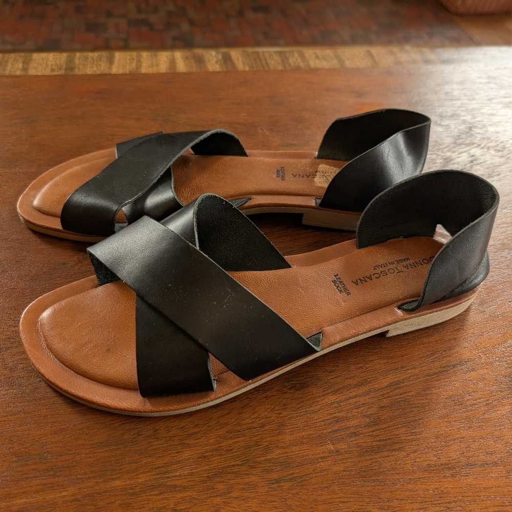 Donna Toscana Italian Leather Slip On Sandals Black‎